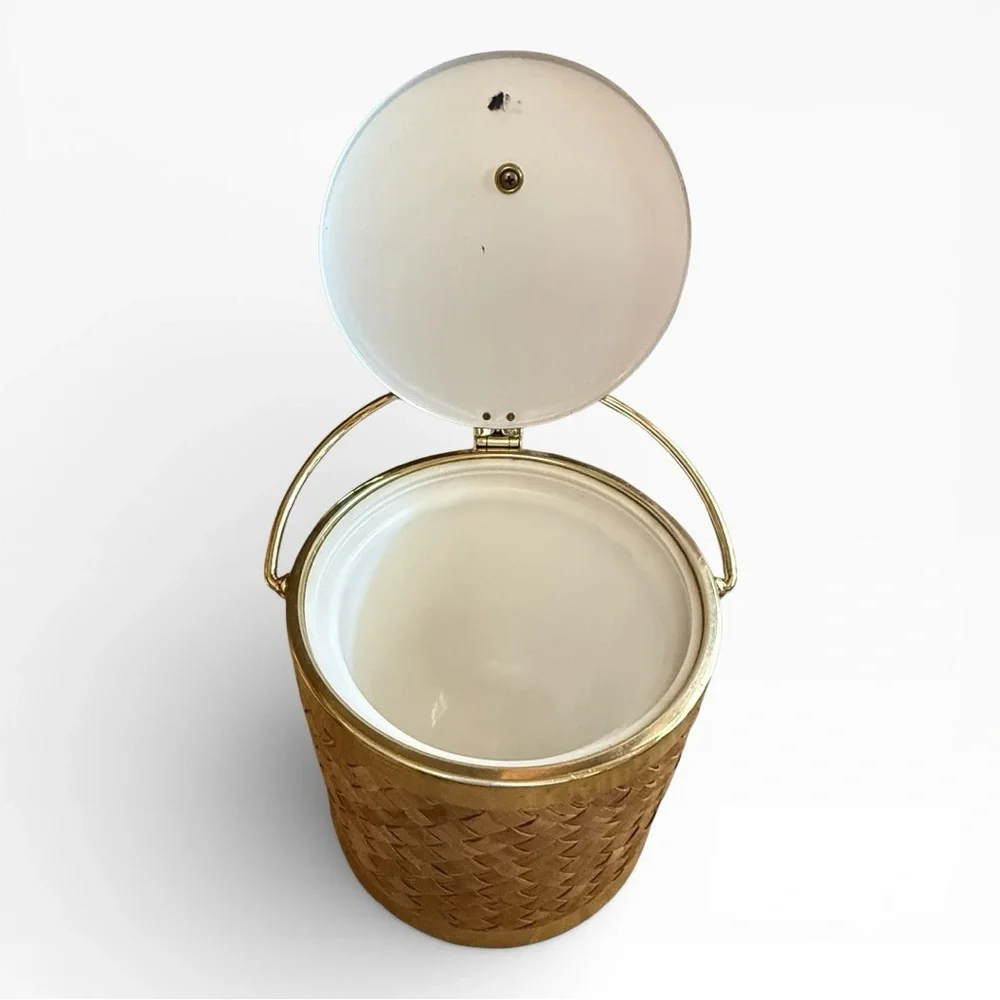 Mid Century Raffia and Gold Ice Bucket by Kraftware Co. NYC